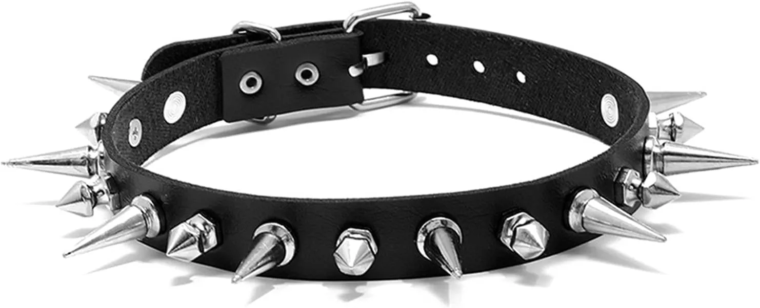 Style Necklace Punk Long Spike Choker Faux Leather Collar for Women Men Cool Big Rivets Studded Chocker Goth