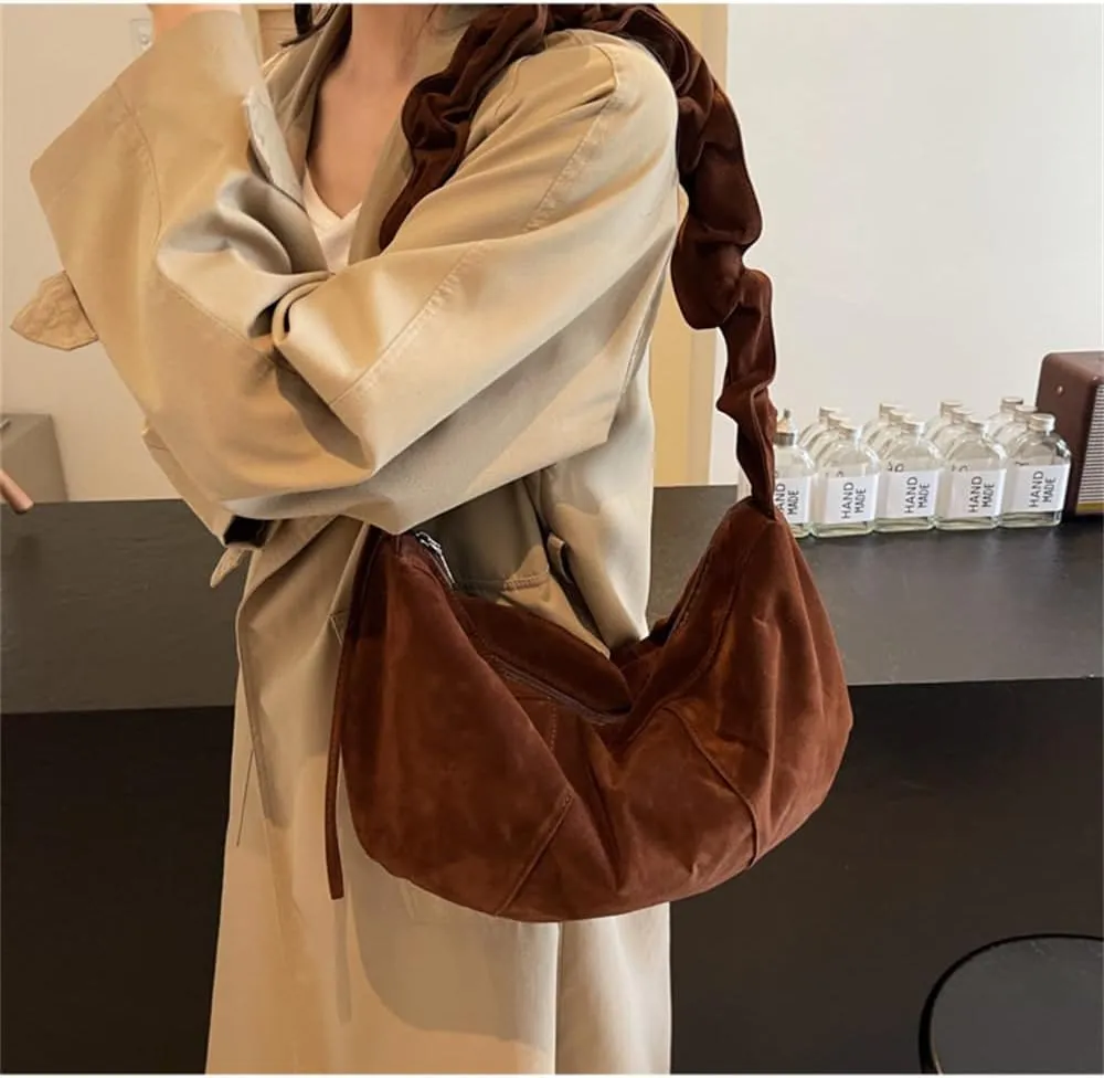 Suede Cloud Dumpling Bag Slouchy Suede Hobo Crescent Shoulder Bag Lightweight Suede Satchel Handbag Messenger Bag