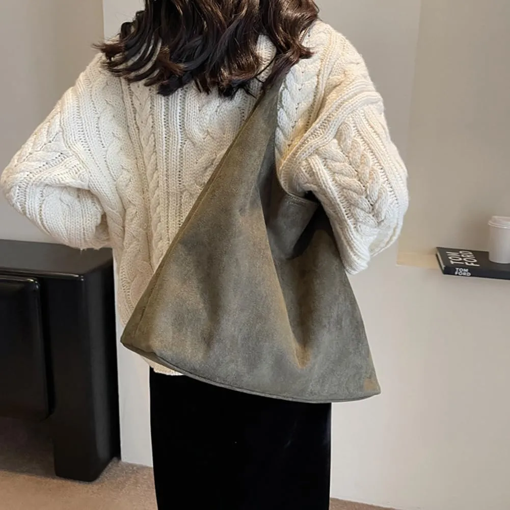 Suede Hobo Bag - Slouchy Tote for Travel, Shopping, Work - Brown Suede