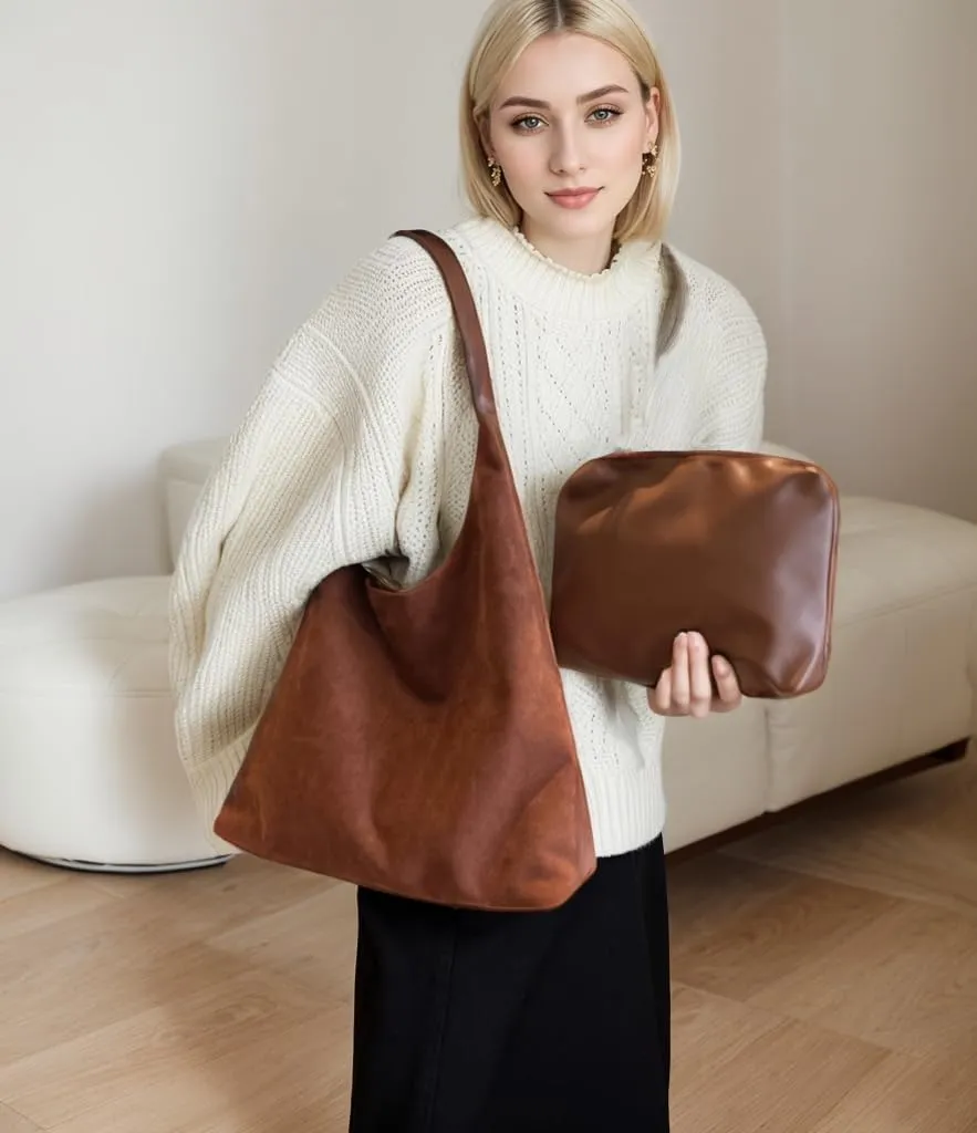 Suede Hobo Bag - Slouchy Tote for Travel, Shopping, Work - Brown Suede