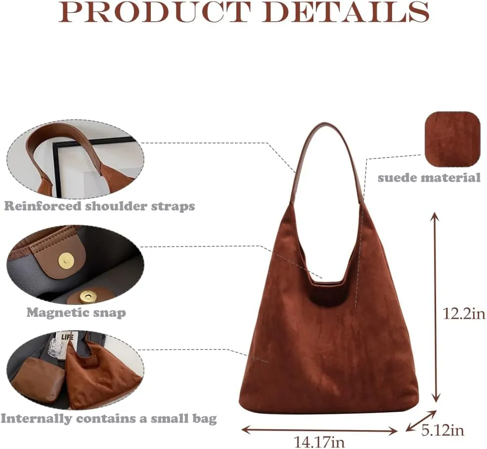 Suede Hobo Bag - Slouchy Tote for Travel, Shopping, Work - Brown Suede