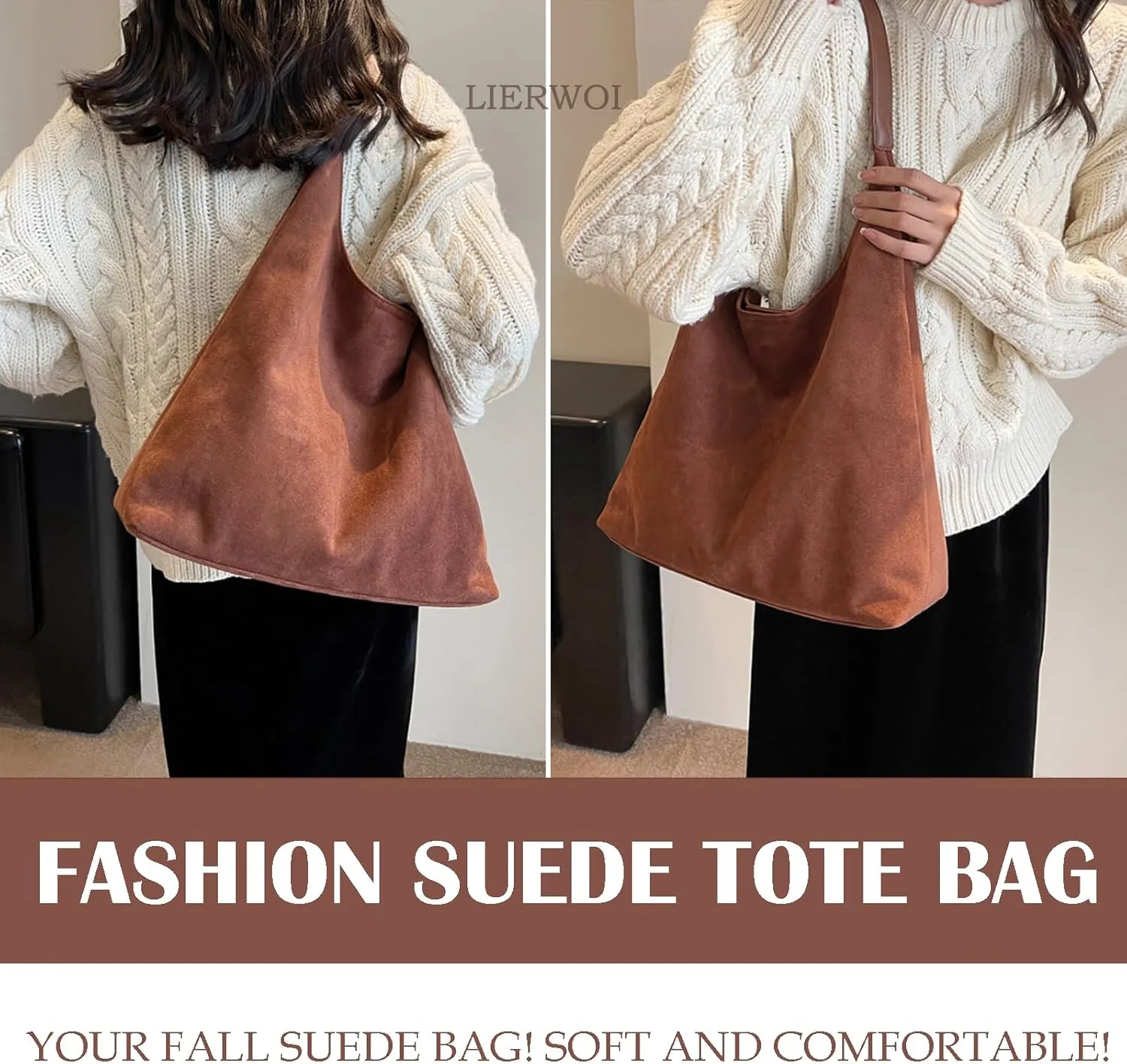 Suede Hobo Bag - Slouchy Tote for Travel, Shopping, Work - Brown Suede