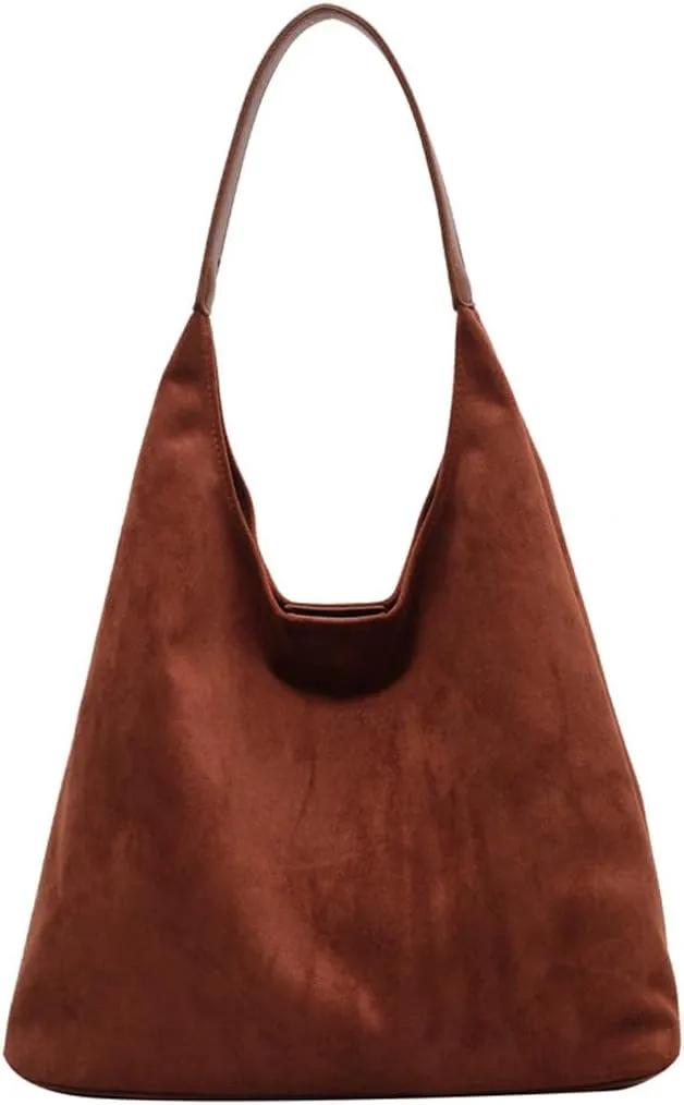Suede Hobo Bag - Slouchy Tote for Travel, Shopping, Work - Brown Suede