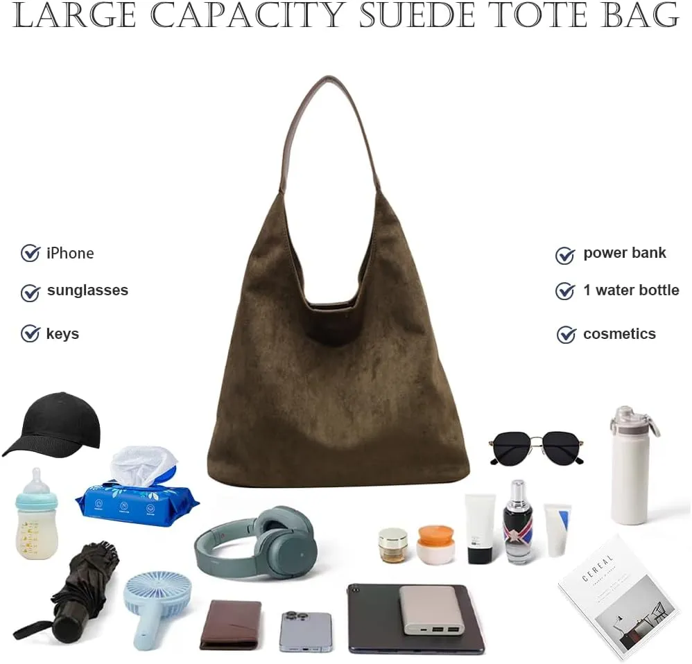 Suede Hobo Bag - Slouchy Tote for Travel, Shopping, Work - Brown Suede