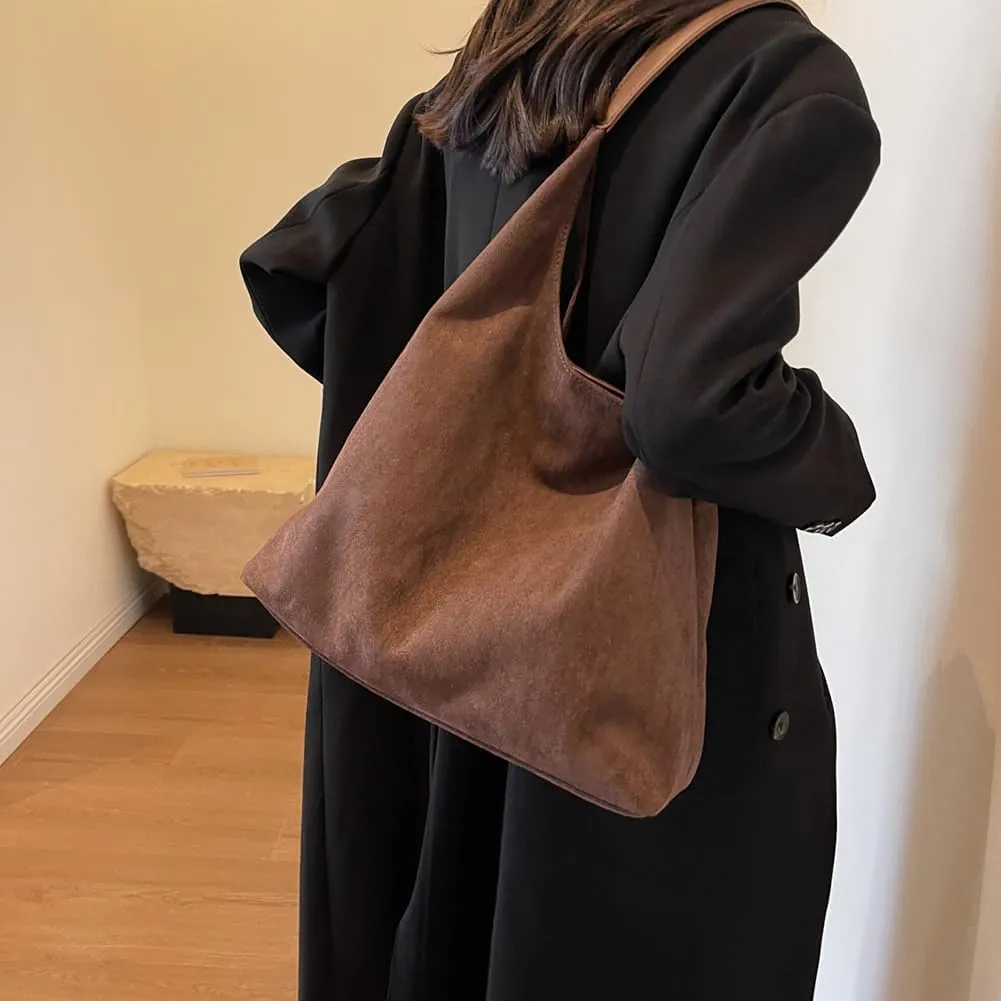 Suede Tote Bag for Women Work, Suede Hobo Bags, Vintage Top Handle Bag, Leather Tote Bag, Suede Slouchy Bag (Beige)