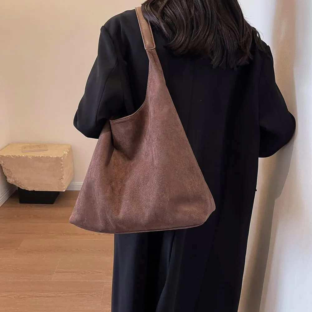 Suede Tote Bag for Women Work, Suede Hobo Bags, Vintage Top Handle Bag, Leather Tote Bag, Suede Slouchy Bag (Beige)