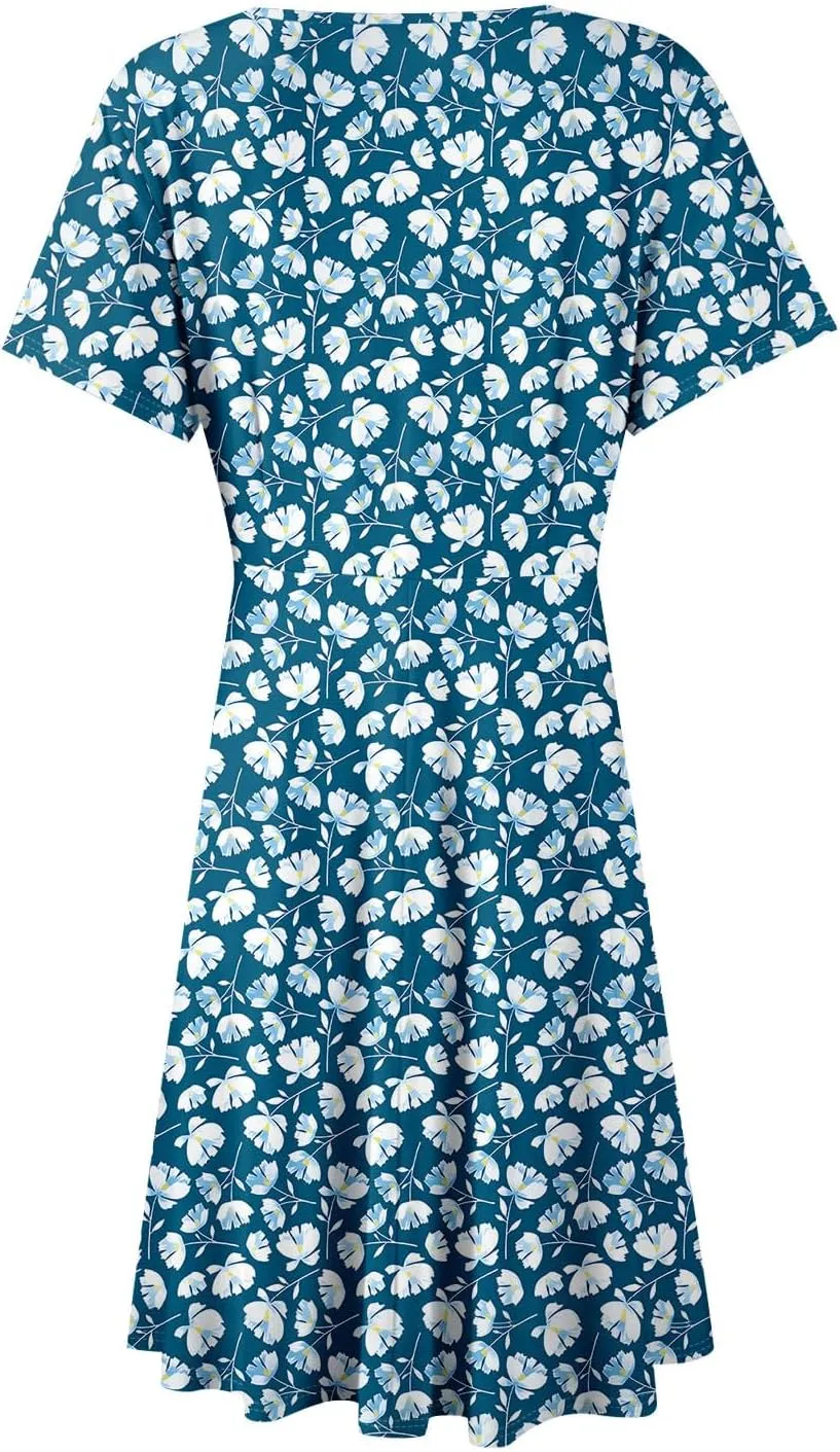 Summer Dresses for Women 2025 Midi Floral Print Classy Deep V Neck Fashion Short Sleeve Knee Length Dress