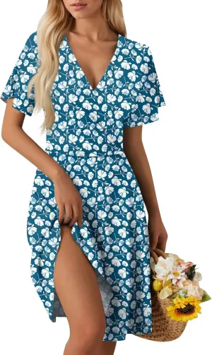 Summer Dresses for Women 2025 Midi Floral Print Classy Deep V Neck Fashion Short Sleeve Knee Length Dress