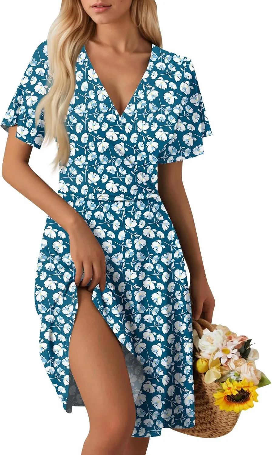 Summer Dresses for Women 2025 Midi Floral Print Classy Deep V Neck Fashion Short Sleeve Knee Length Dress
