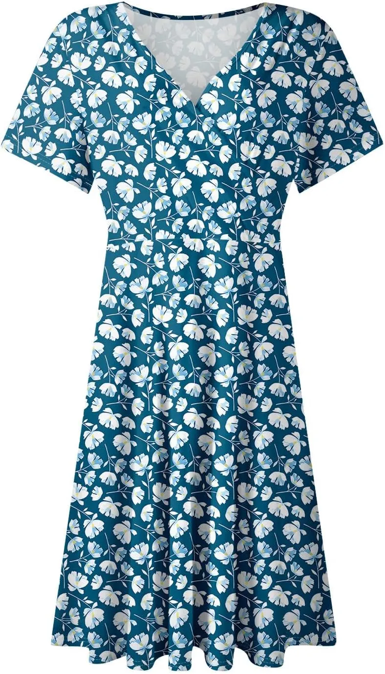 Summer Dresses for Women 2025 Midi Floral Print Classy Deep V Neck Fashion Short Sleeve Knee Length Dress