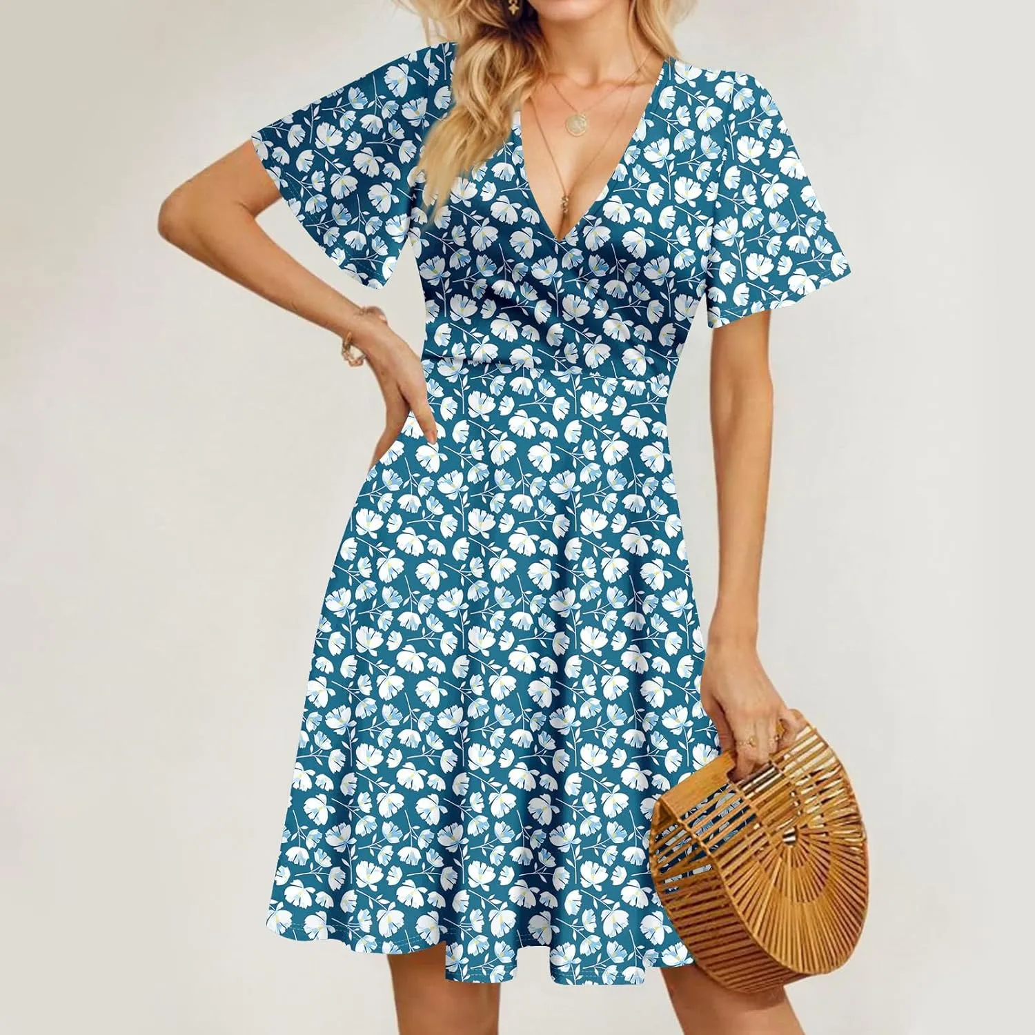 Summer Dresses for Women 2025 Midi Floral Print Classy Deep V Neck Fashion Short Sleeve Knee Length Dress