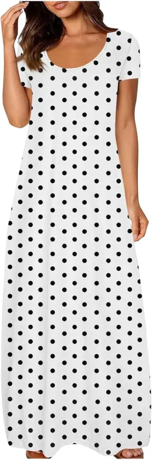 Summer Dresses for Women 2025 Trendy Boho Polkadot Print Cap Sleeve Round-Neck Plus Size Maxi Dress Beach Sundress