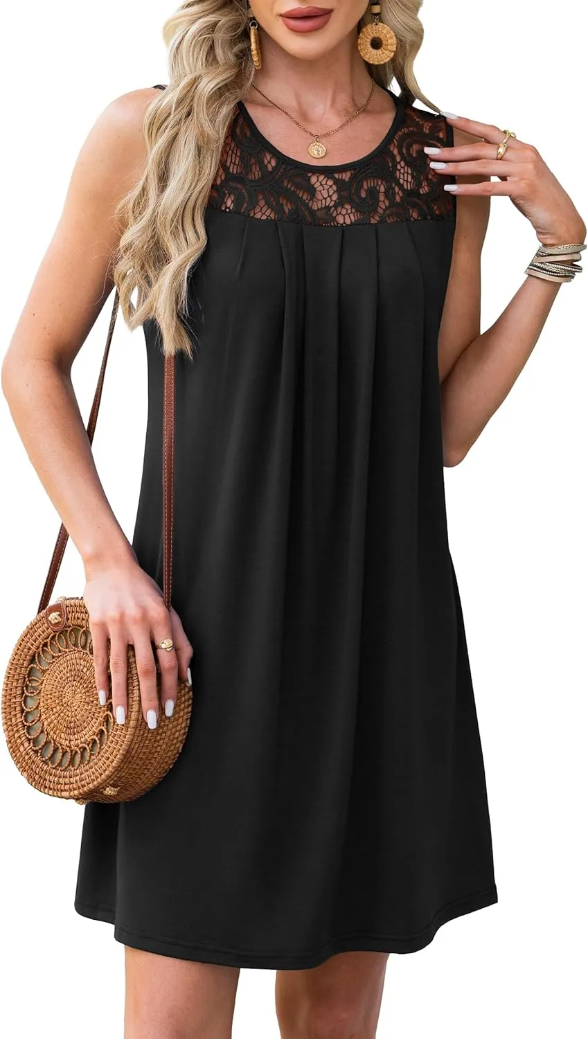 Summer Dresses for Women Sleeveless Lace Crewneck Sundress (S-3XL)