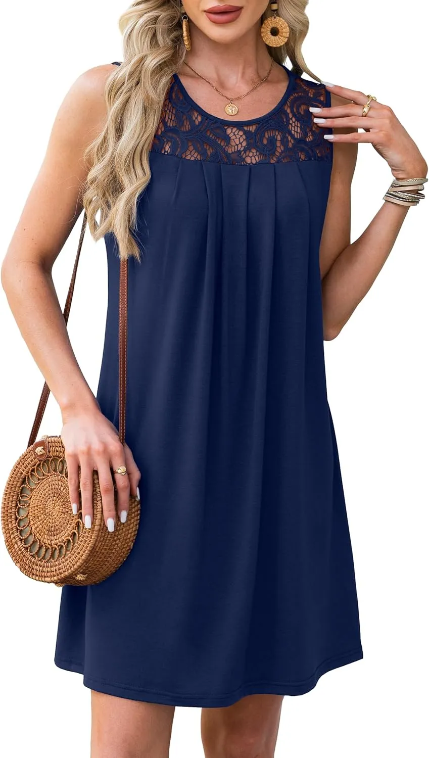 Summer Dresses for Women Sleeveless Lace Crewneck Sundress (S-3XL)