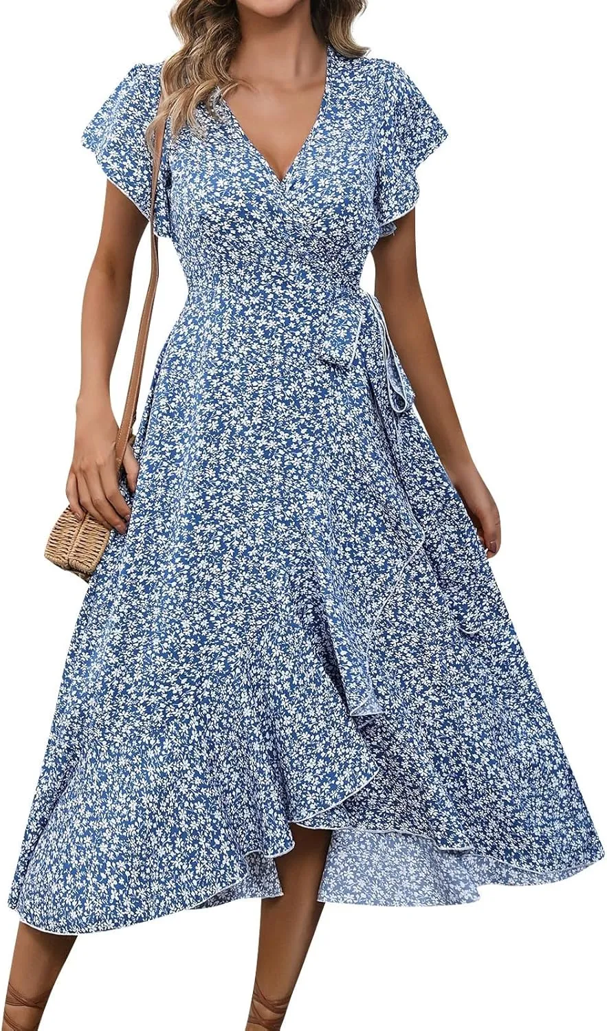Summer Floral Dresses for Women 2025 Midi Wrap Dress V Neck Flutter Short Sleeve Tie Waist Ruffle Hem Beach Dresses