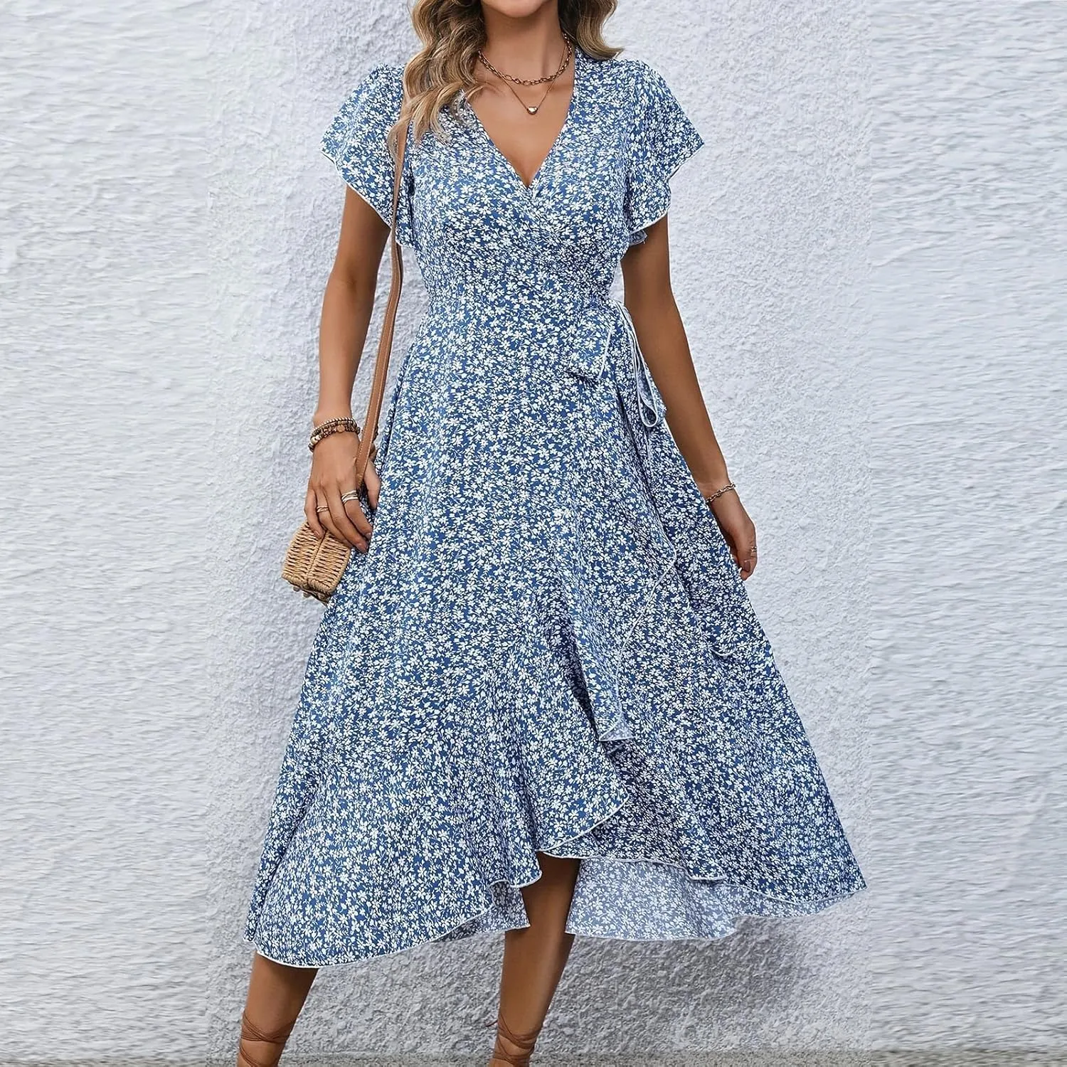 Summer Floral Dresses for Women 2025 Midi Wrap Dress V Neck Flutter Short Sleeve Tie Waist Ruffle Hem Beach Dresses