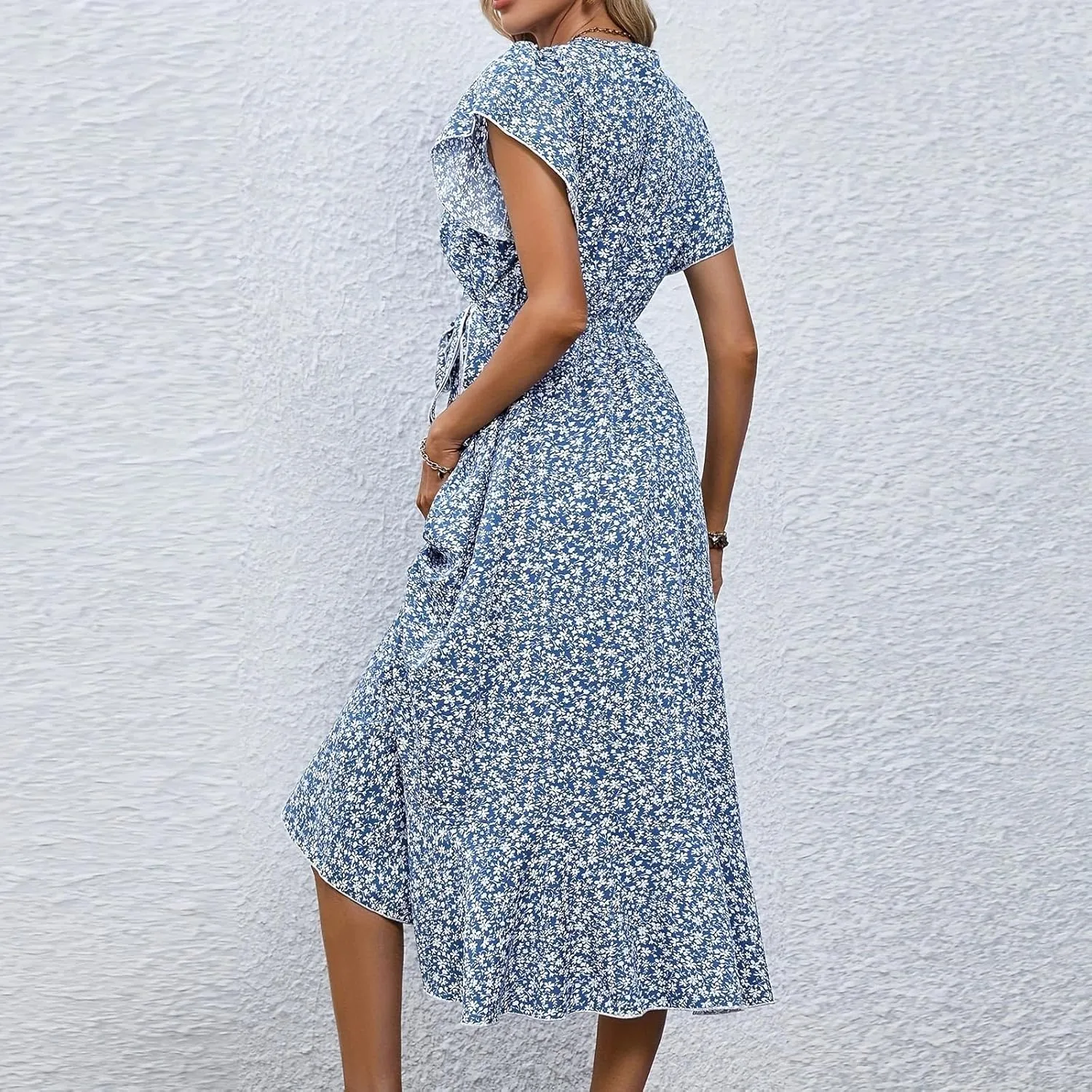Summer Floral Dresses for Women 2025 Midi Wrap Dress V Neck Flutter Short Sleeve Tie Waist Ruffle Hem Beach Dresses