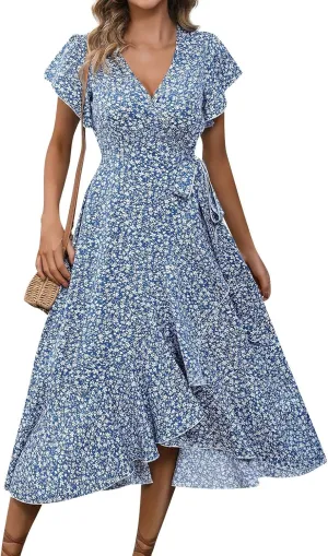 Summer Floral Dresses for Women 2025 Midi Wrap Dress V Neck Flutter Short Sleeve Tie Waist Ruffle Hem Beach Dresses