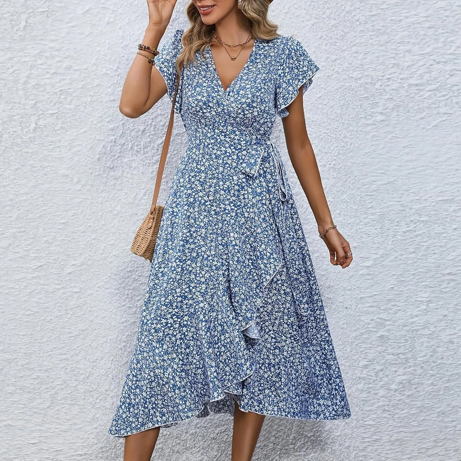 Summer Floral Dresses for Women 2025 Midi Wrap Dress V Neck Flutter Short Sleeve Tie Waist Ruffle Hem Beach Dresses