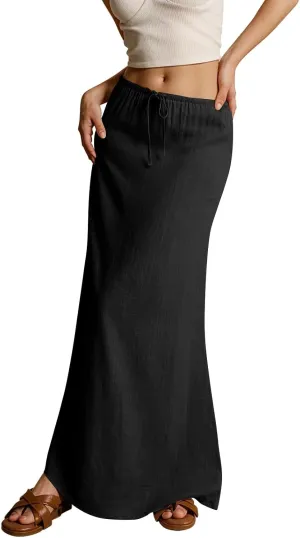 Summer Linen Maxi Skirts for Women Comfy Drawstring Waist A Line Cute Vacation Boho Long Flowy Skirt Trendy