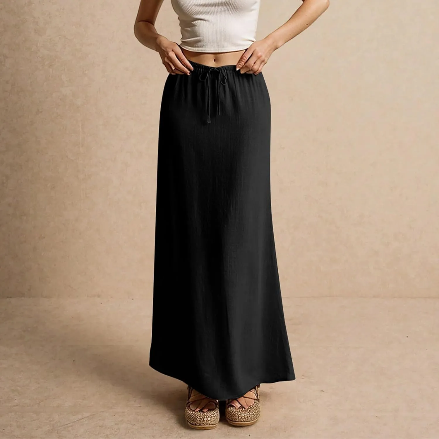 Summer Linen Maxi Skirts for Women Comfy Drawstring Waist A Line Cute Vacation Boho Long Flowy Skirt Trendy