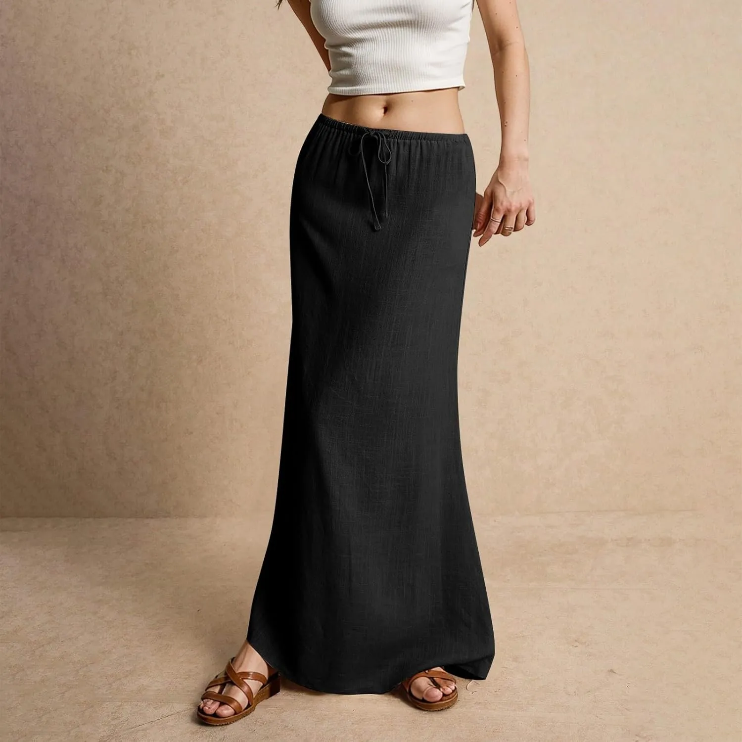 Summer Linen Maxi Skirts for Women Comfy Drawstring Waist A Line Cute Vacation Boho Long Flowy Skirt Trendy