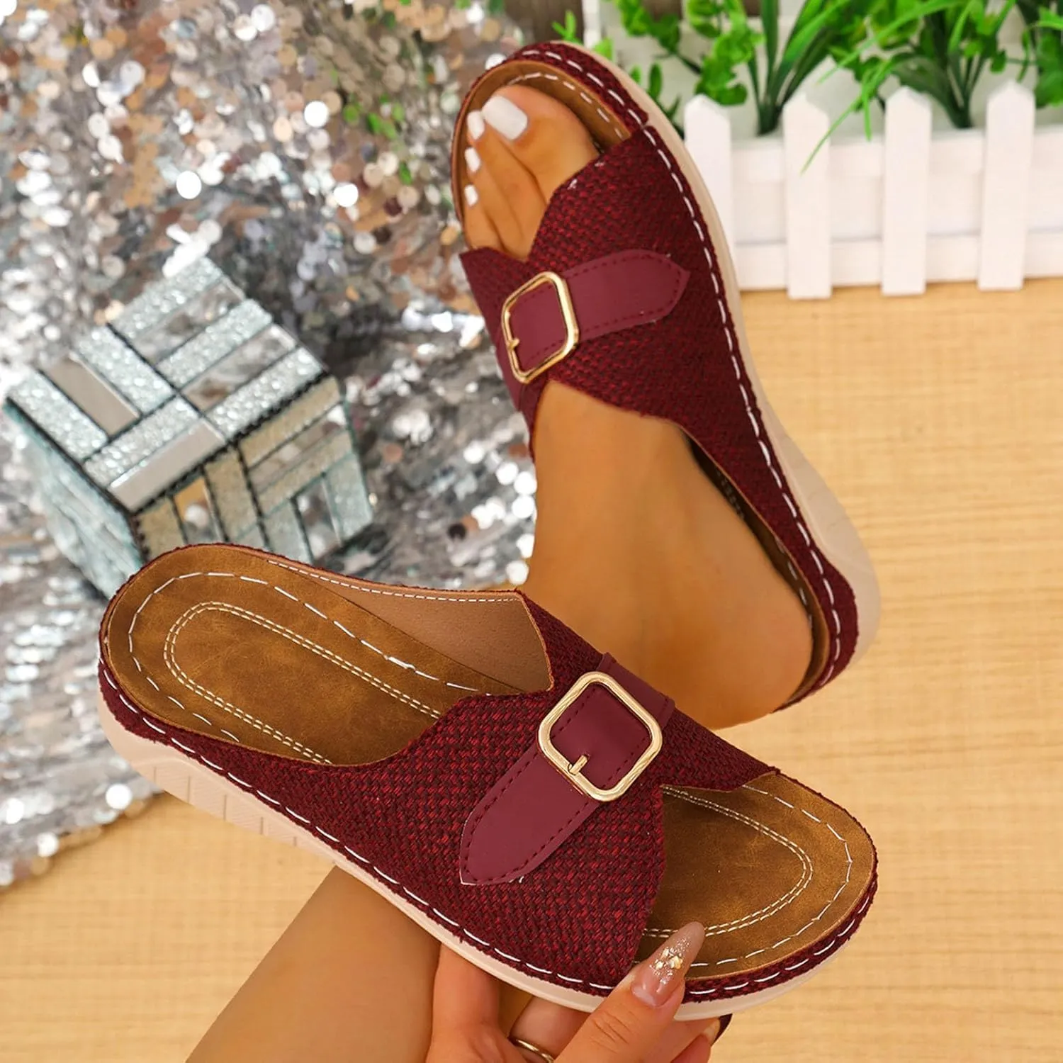 Summer Low Wedge Sandals for Women Light Open Toe Slides Buckle Dressy Slipper Comfy Arch Support Outdoor Shose Orthopedic 2025 Wide Width Comfortable Beach Shoes Heel Platform Slippers