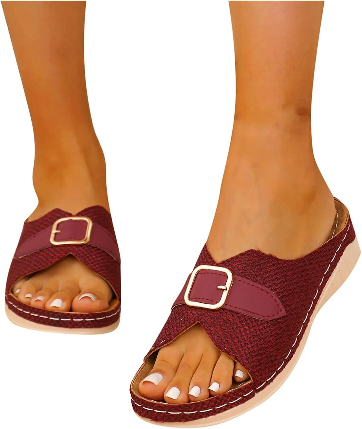 Summer Low Wedge Sandals for Women Light Open Toe Slides Buckle Dressy Slipper Comfy Arch Support Outdoor Shose Orthopedic 2025 Wide Width Comfortable Beach Shoes Heel Platform Slippers