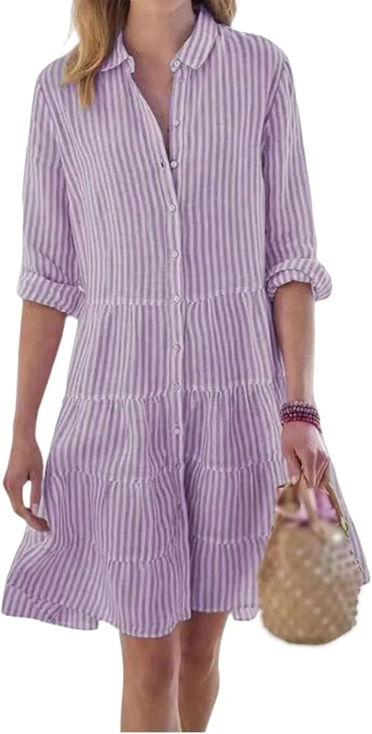 Summer Shirt Dress for Women Long Sleeve Button Down Dresses V Neck Tiered Collared Flowy Maxi Dress Beach Sundress