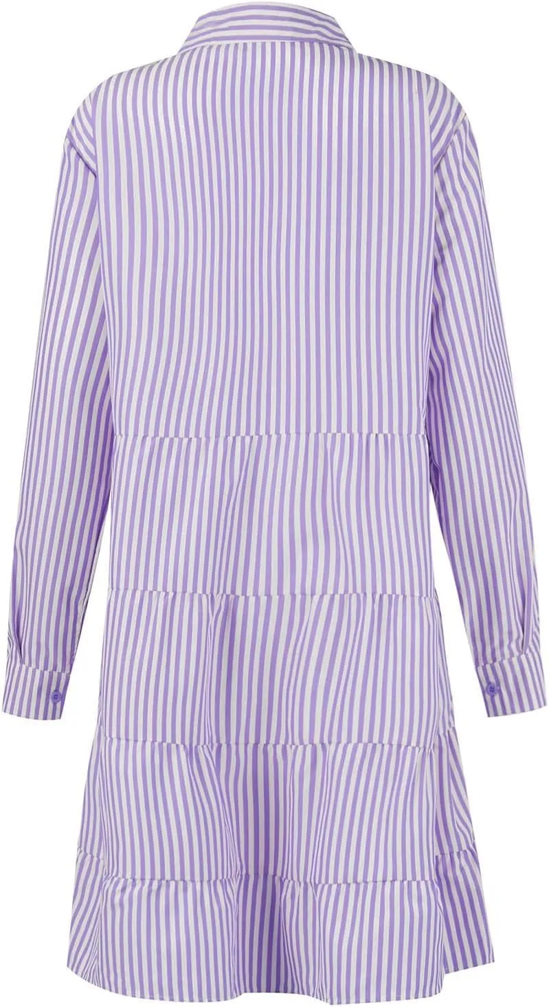 Summer Shirt Dress for Women Long Sleeve Button Down Dresses V Neck Tiered Collared Flowy Maxi Dress Beach Sundress