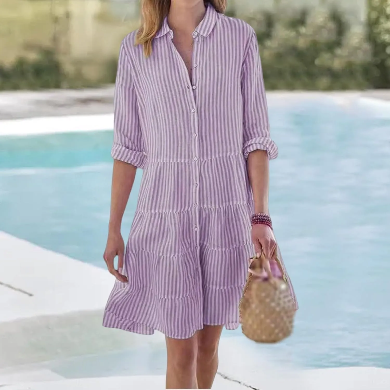 Summer Shirt Dress for Women Long Sleeve Button Down Dresses V Neck Tiered Collared Flowy Maxi Dress Beach Sundress