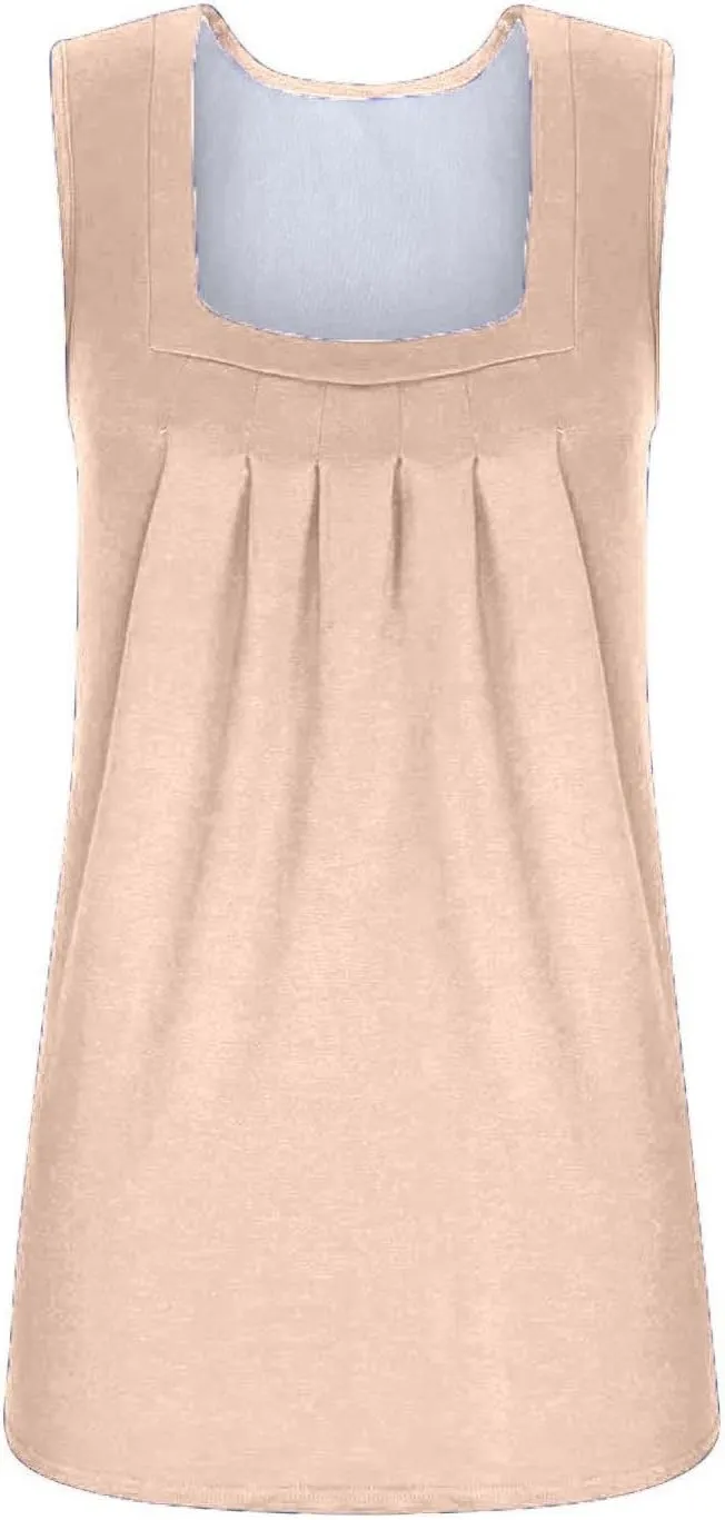 Summer Tank Tops for Women 2025 Pleated Square Neck Sleeveless Blouses Plus Size Loose Fit Casual Flowy Vest Top