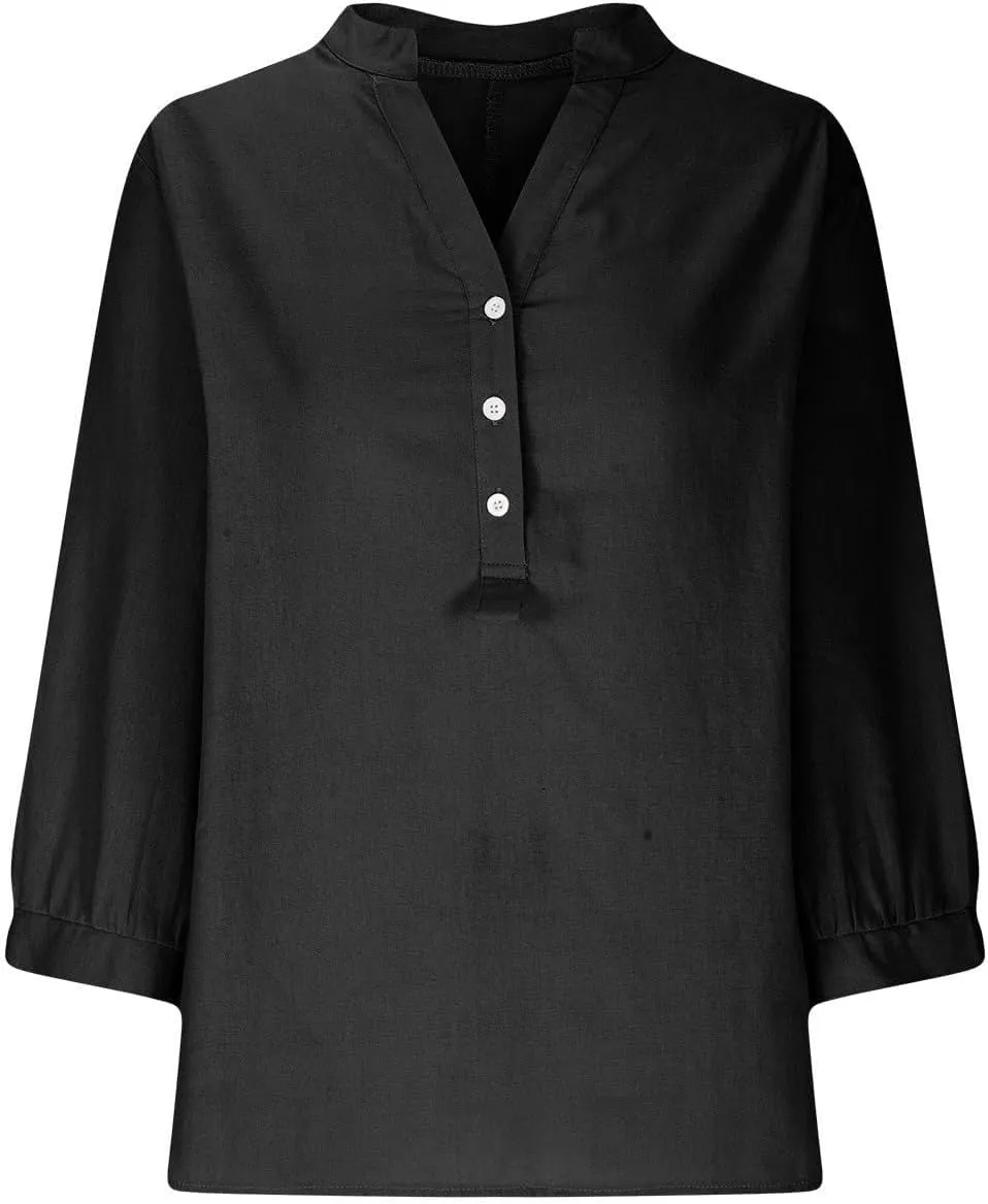 Summer Tops for Women 2025 Trendy V Neck Gauze Plus Size Button Down Shirts Womens 3/4 Sleeve Tops and Blouses