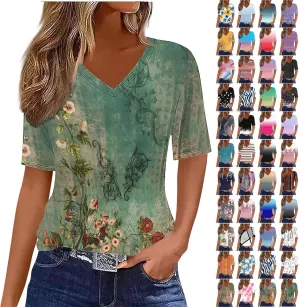 Summer Tops for Women 2025 Trendy V Neck Short Sleeve T Shirts Dressy Casual Blouses Cute Print Tees Vacation Outfits