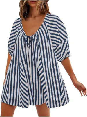 Summer Tshirt Romper for Women Casual Striped Romper Puff Short Sleeve Wide Leg Oversized Romper With Pockets