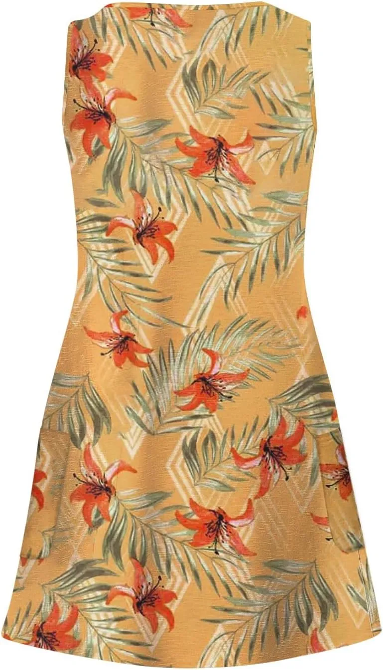 Sundresses for Women Casual Beach 2024 Summer Dresses with Pockets V Neck Loose Dress Boho Hawaiian Floral Tank Dress
