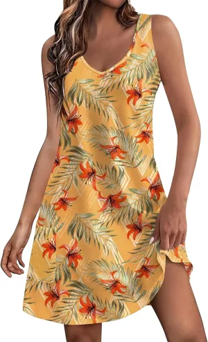 Sundresses for Women Casual Beach 2024 Summer Dresses with Pockets V Neck Loose Dress Boho Hawaiian Floral Tank Dress