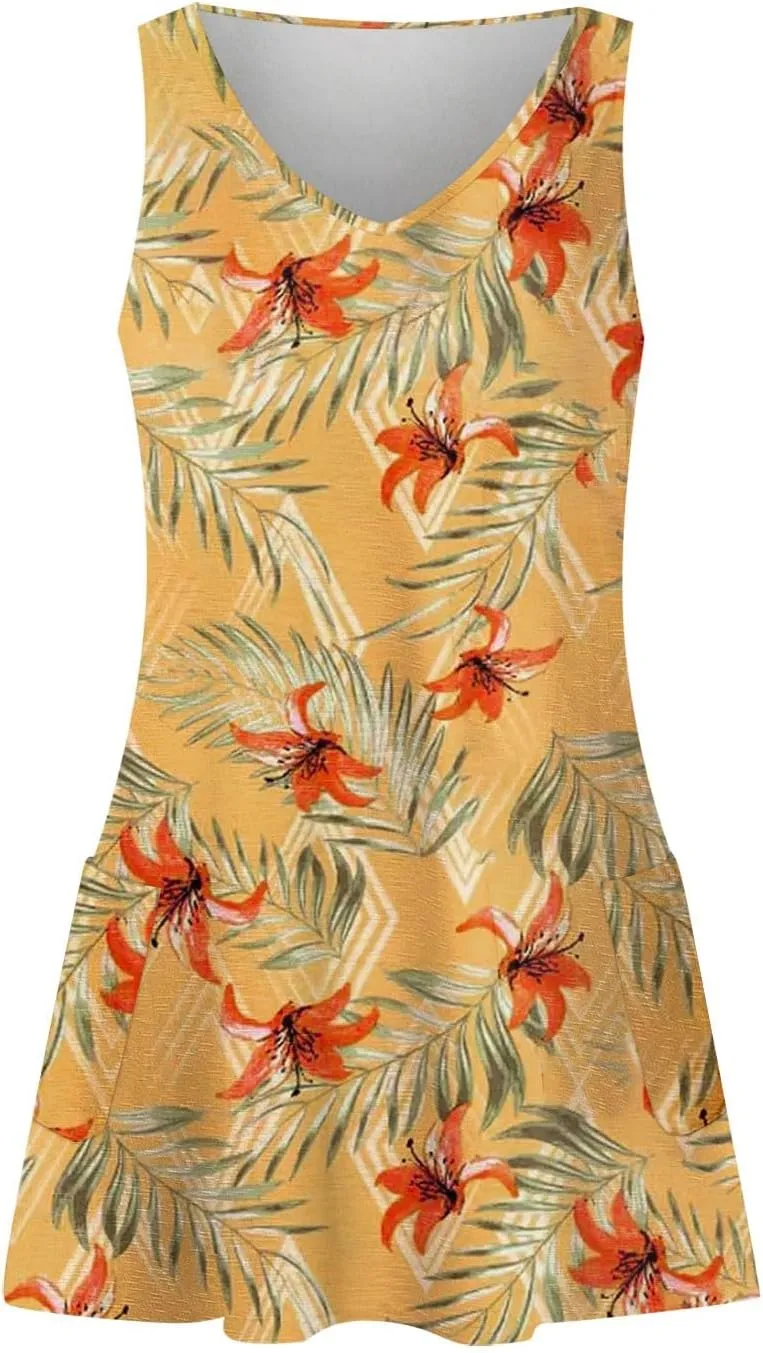 Sundresses for Women Casual Beach 2024 Summer Dresses with Pockets V Neck Loose Dress Boho Hawaiian Floral Tank Dress