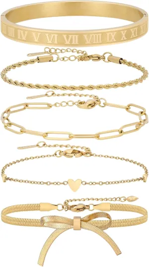 Sunflower Jewellery 5PCS Gold Bracelets for Women Gold Chain Bracelets Gold Bangle Bracelets Stainless Steel Gold Bracelets Gold Jewelry Set