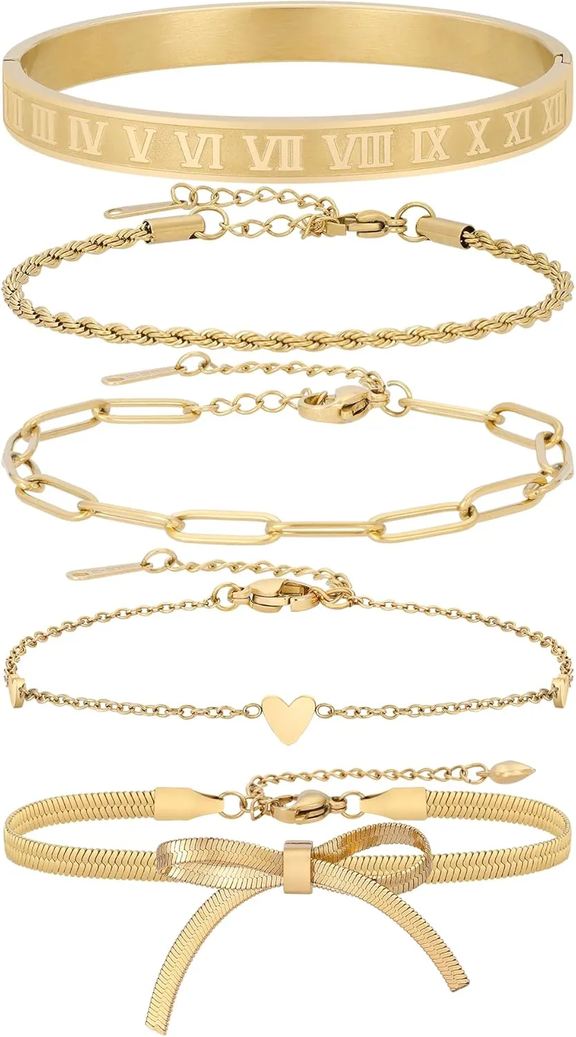 Sunflower Jewellery 5PCS Gold Bracelets for Women Gold Chain Bracelets Gold Bangle Bracelets Stainless Steel Gold Bracelets Gold Jewelry Set