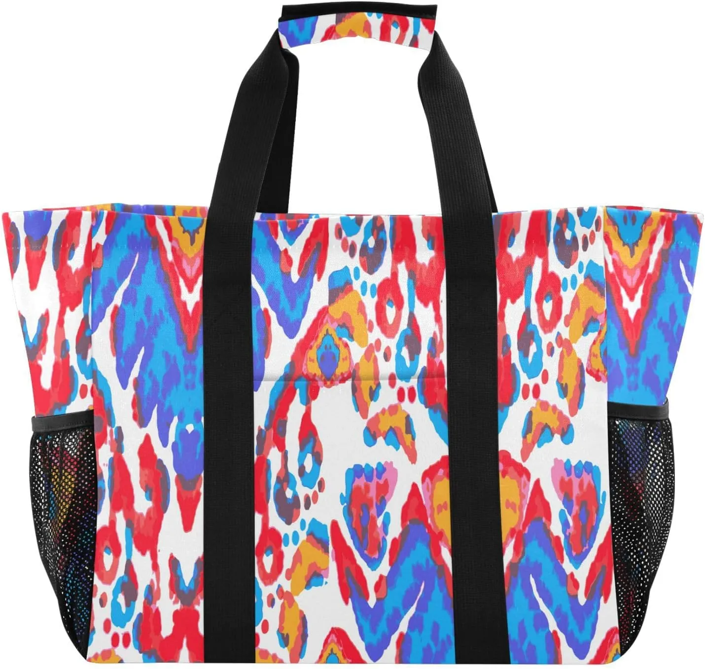 susiyo Abstract Ethnic Neon Blue and Red Reusable Grocery Tote Bag Collapsible Canvas Beach Bag Large Travel Bags for Hiking Trip Pool