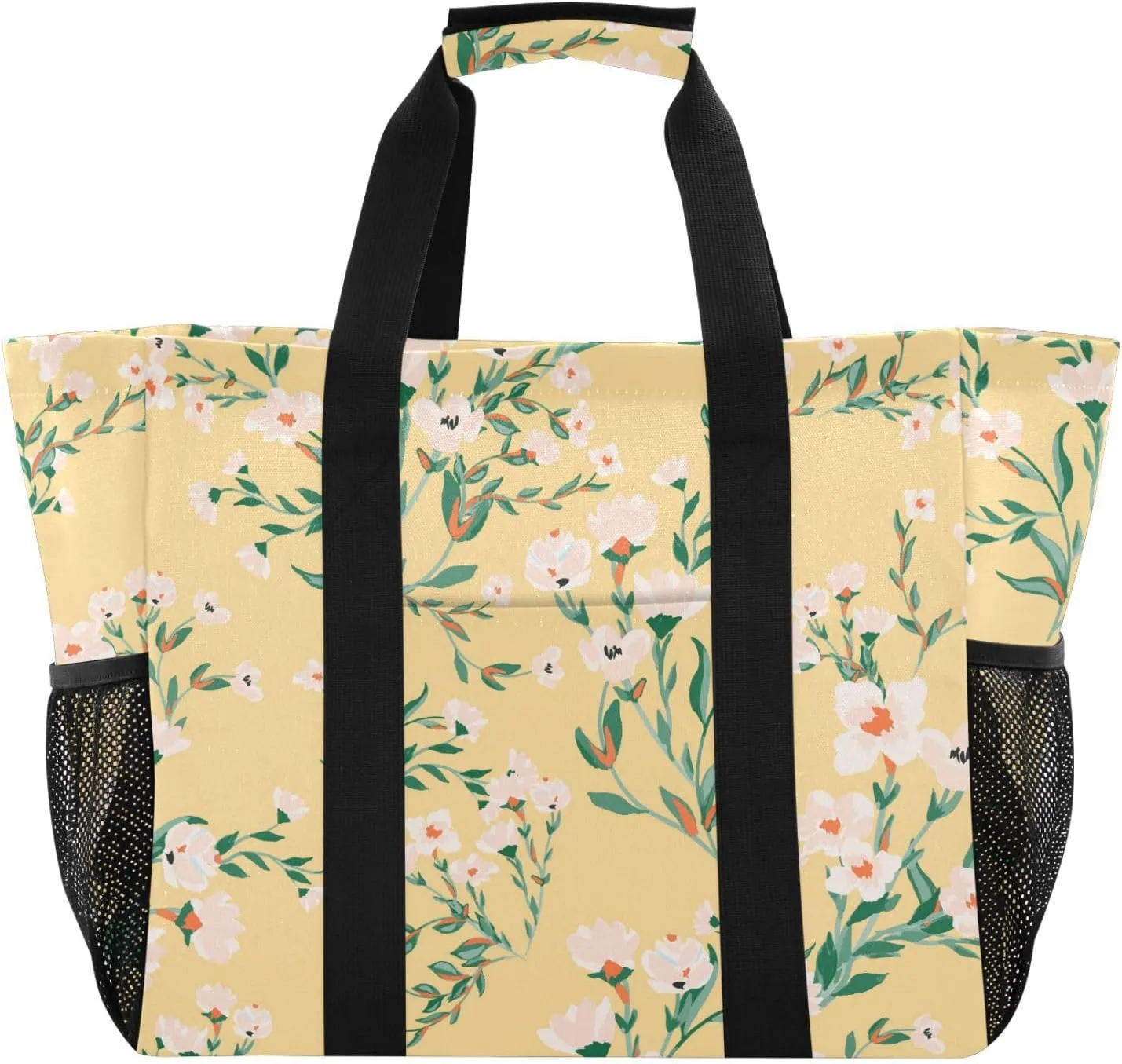 susiyo Beautiful Floral on Gentle Yellow Reusable Grocery Tote Bag Collapsible Canvas Beach Bag Large Travel Bags for Hiking Trip Pool