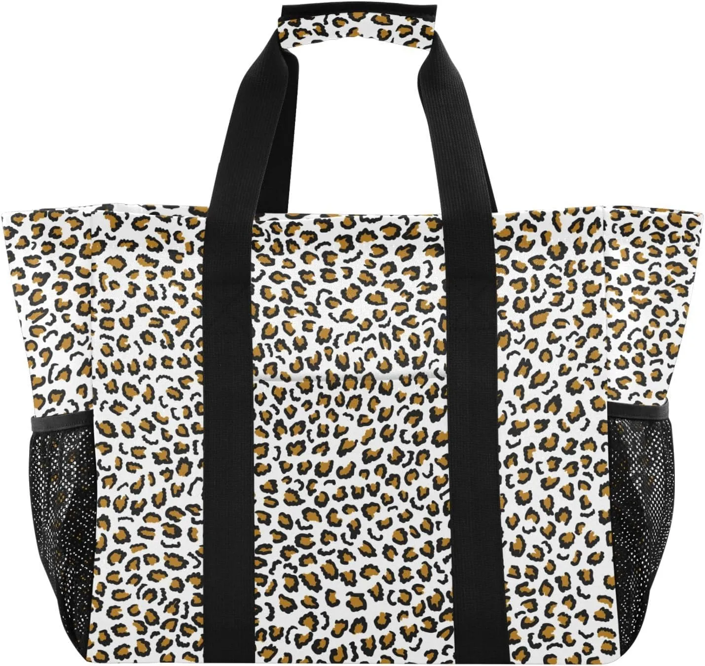susiyo Black and Brown Leopard Skin Reusable Grocery Tote Bag Collapsible Canvas Beach Bag Large Travel Bags for Hiking Trip Pool