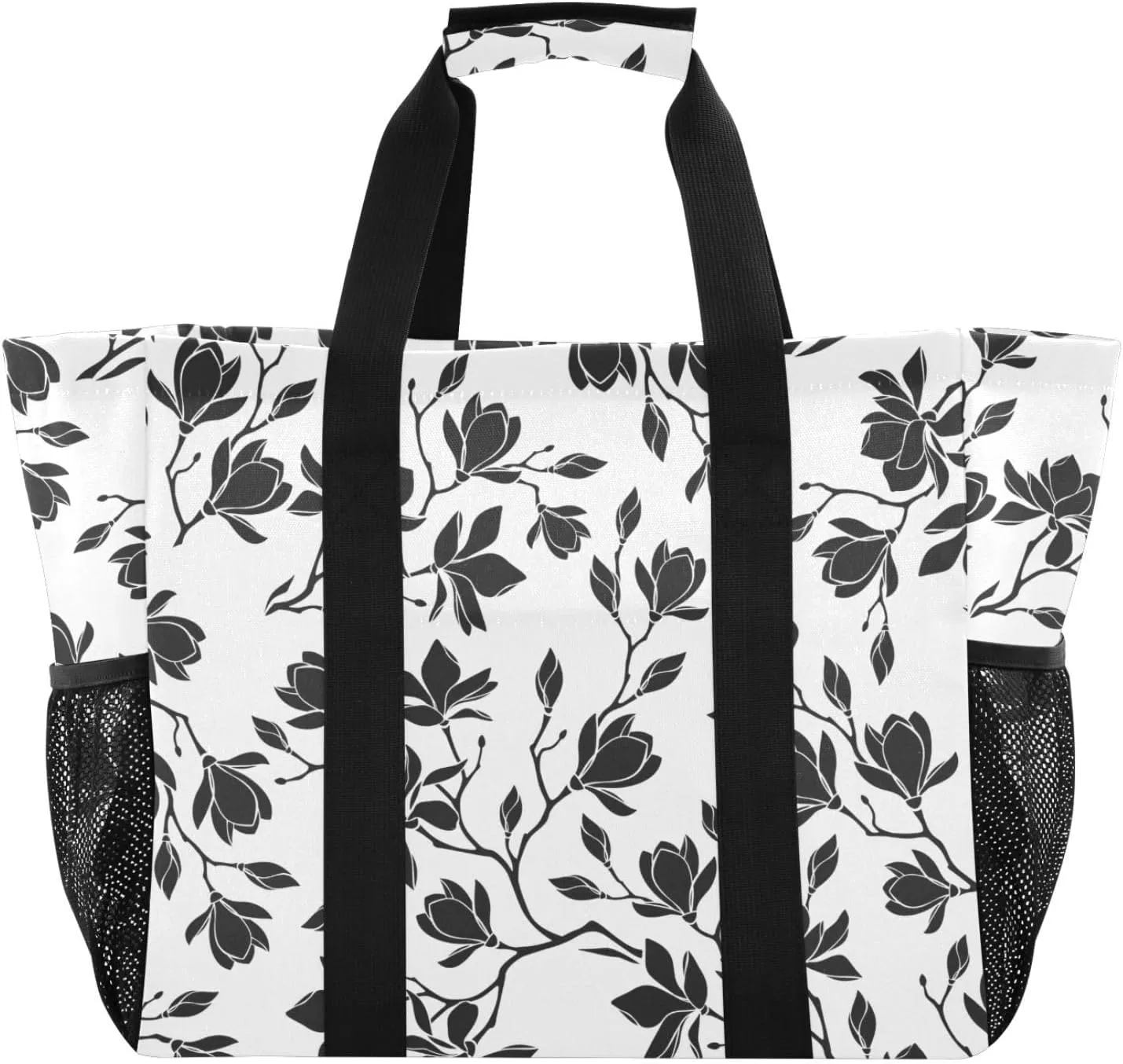 susiyo Black and White Magnolia Flowers Reusable Grocery Tote Bag Collapsible Canvas Beach Bag Large Travel Bags for Hiking Trip Pool