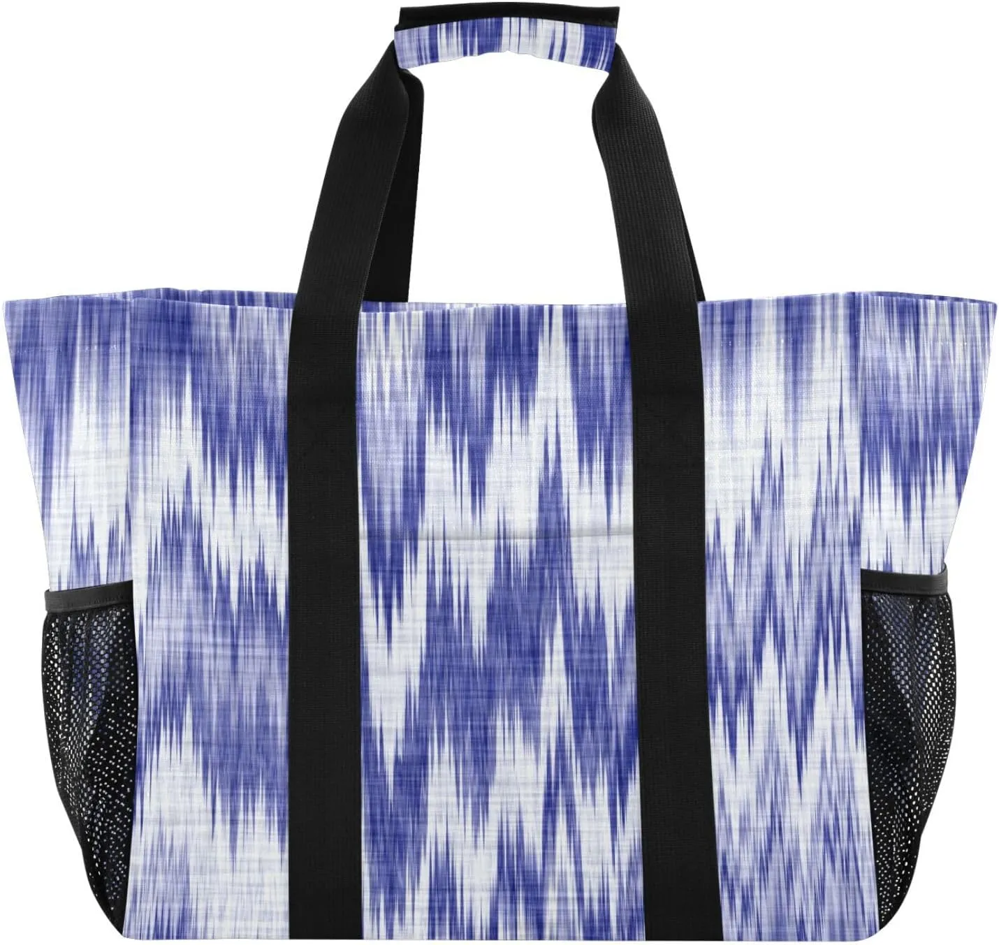 susiyo Blue and White Chevron Zig Zag Reusable Grocery Tote Bag Collapsible Canvas Beach Bag Large Travel Bags for Hiking Trip Pool