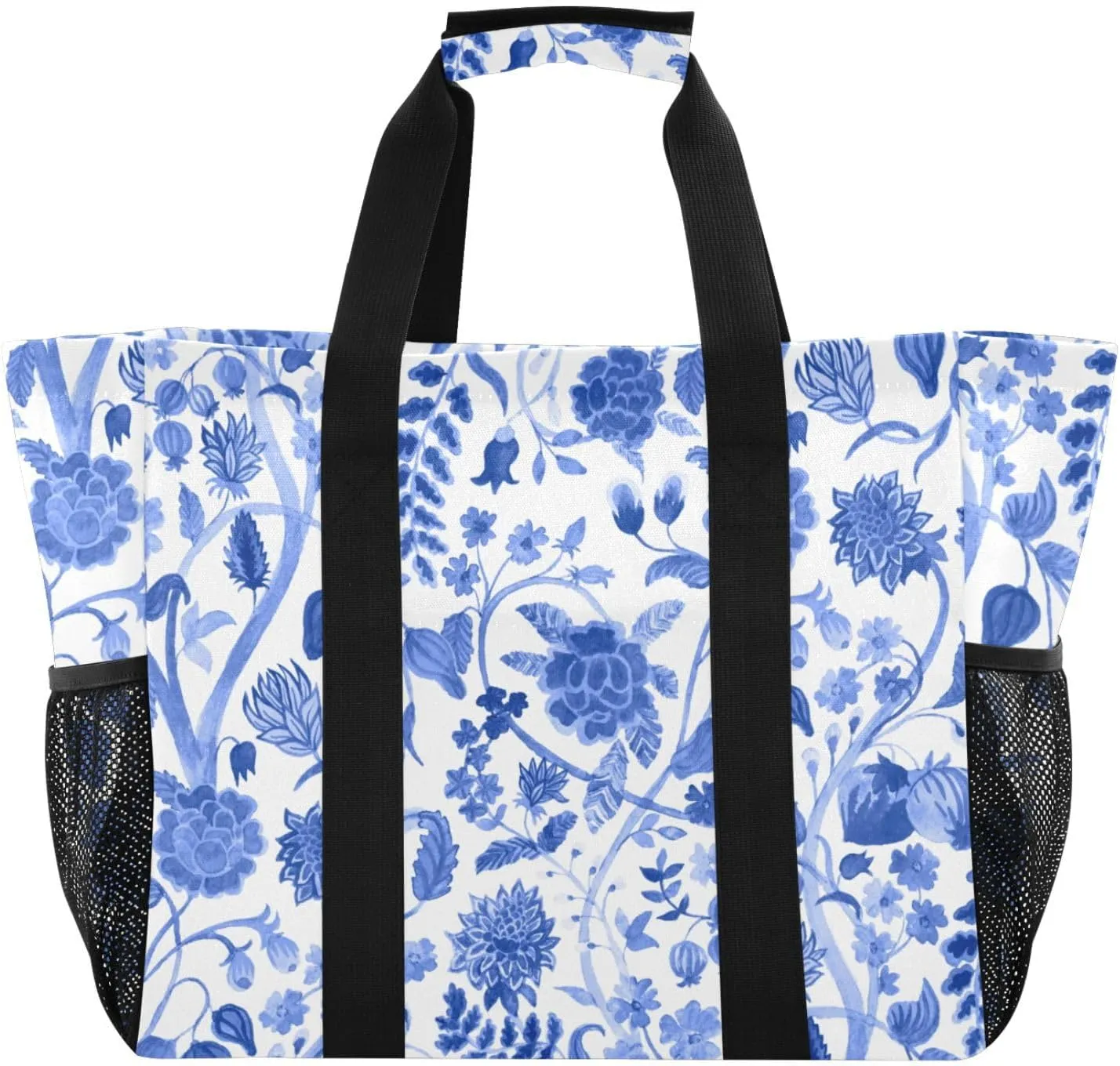 susiyo Blue Chinoiserie Blooming Flowers Reusable Grocery Tote Bag Collapsible Canvas Beach Bag Large Travel Bags for Hiking Trip Pool