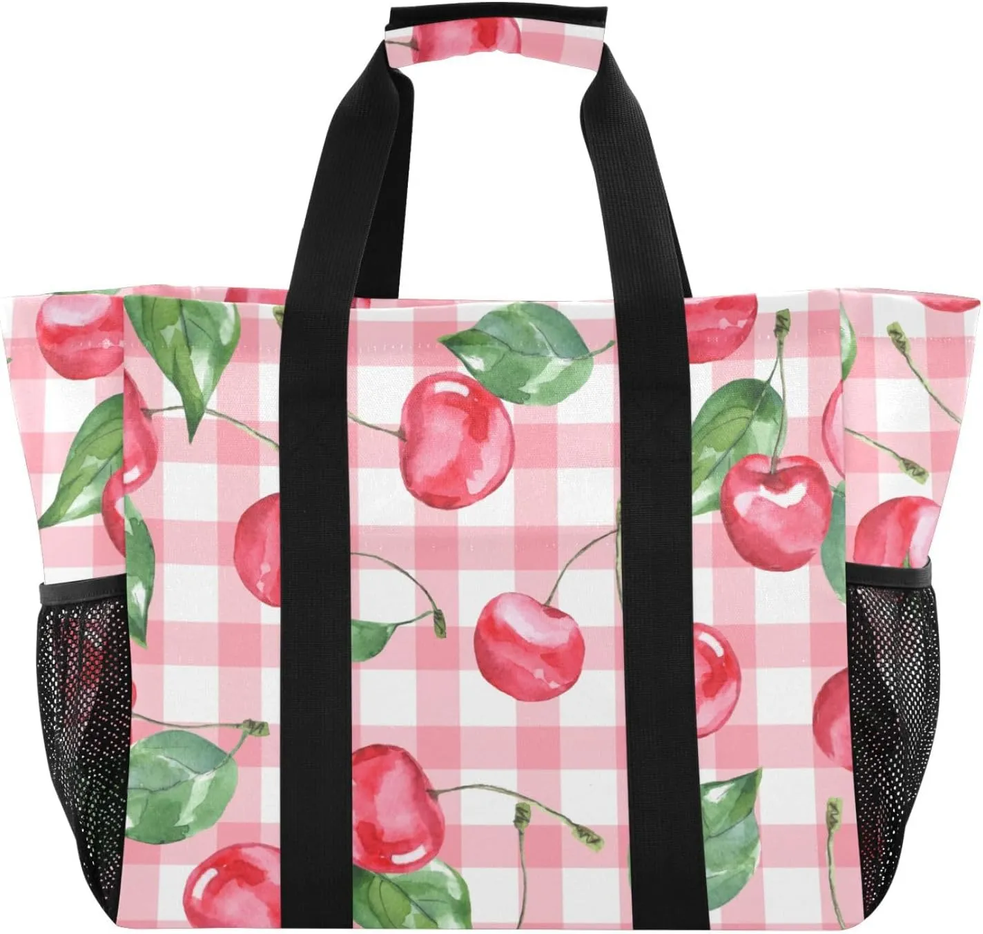 susiyo Cherry Fruits Pink Checkered Plaid Reusable Grocery Tote Bag Collapsible Canvas Beach Bag Large Travel Bags for Hiking Trip Pool