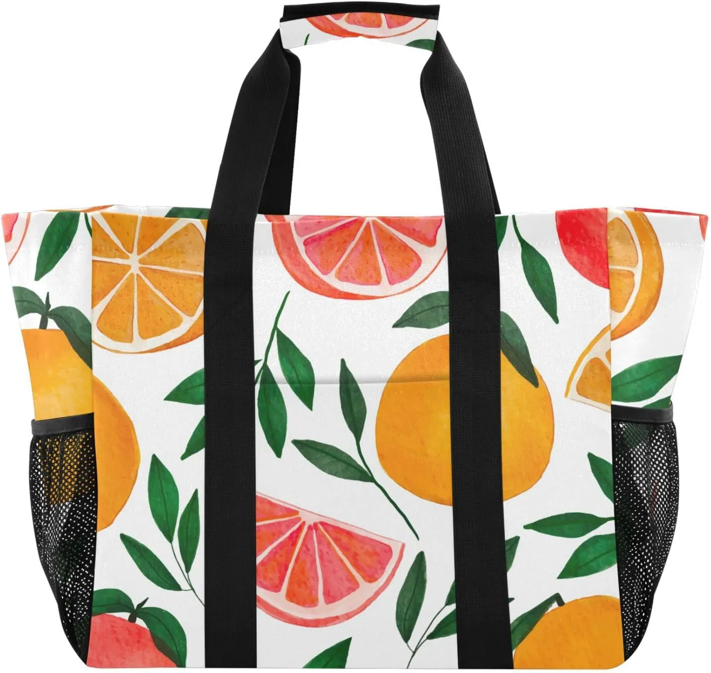 susiyo Citrus Fruit Orange and Leaves Reusable Grocery Tote Bag Collapsible Canvas Beach Bag Large Travel Bags for Hiking Trip Pool