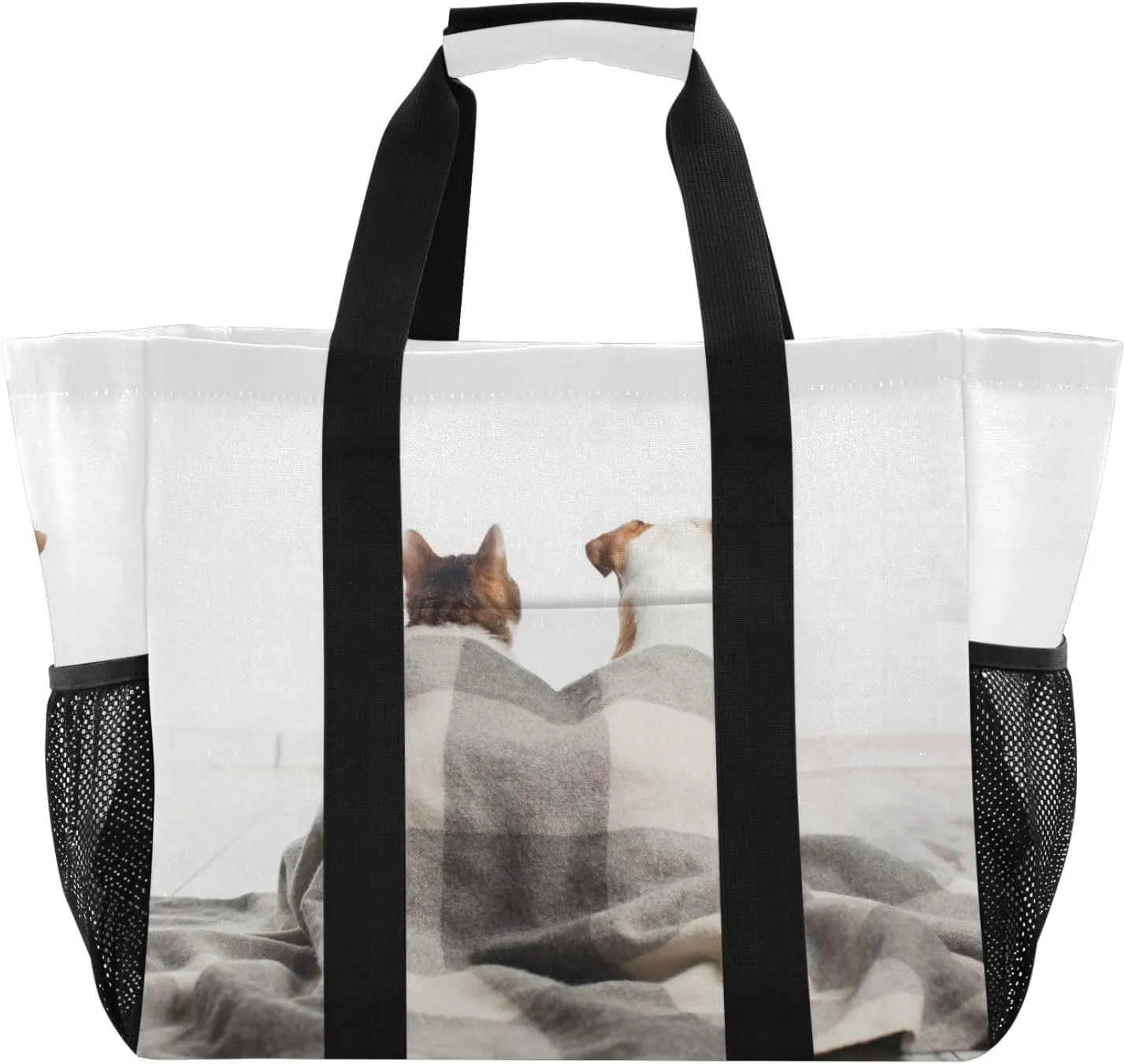 susiyo Dog and Cat under Plaid Reusable Grocery Tote Bag Collapsible Canvas Beach Bag Large Travel Bags for Hiking Trip Pool