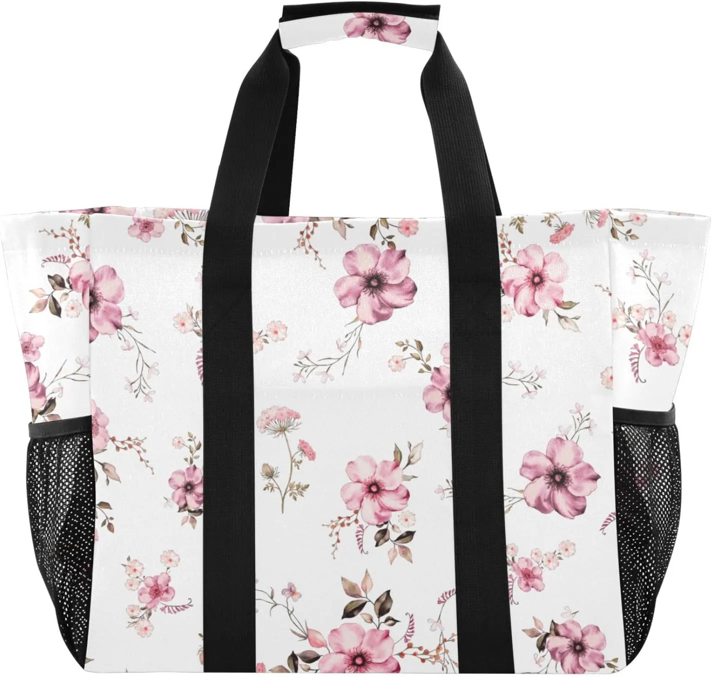susiyo Elegant Pink Floral Pattern Reusable Grocery Tote Bag Collapsible Canvas Beach Bag Large Travel Bags for Hiking Trip Pool